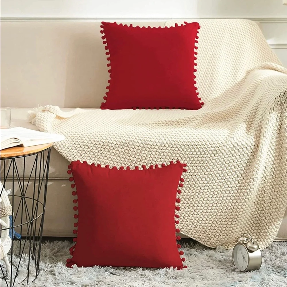 Decorative Throw Pillow Covers with Pom Poms, Pack of 2 - Picture 2 of 6